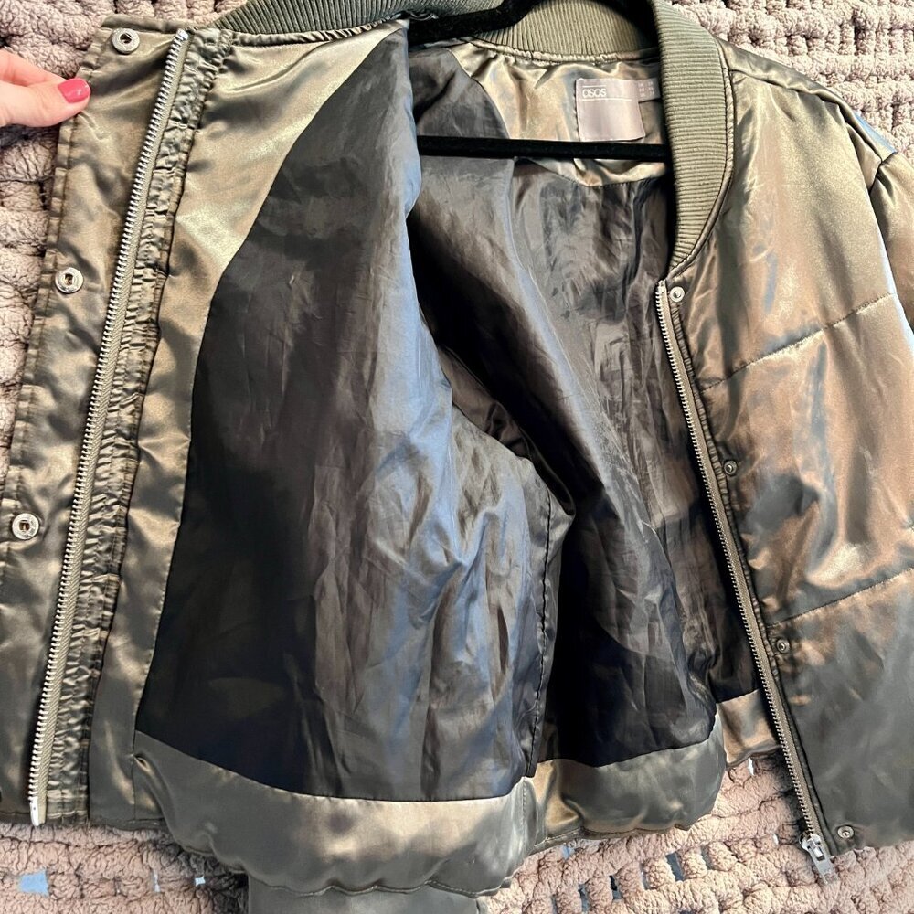 Asos Green Satin Look Woman's Cropped Bomber Jacket Size 14 - Picture 12 of 14